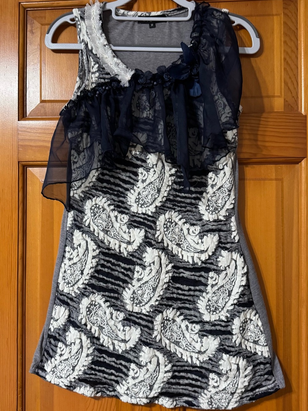LV Collections Navy and White Paisley Ruffle Tank Top